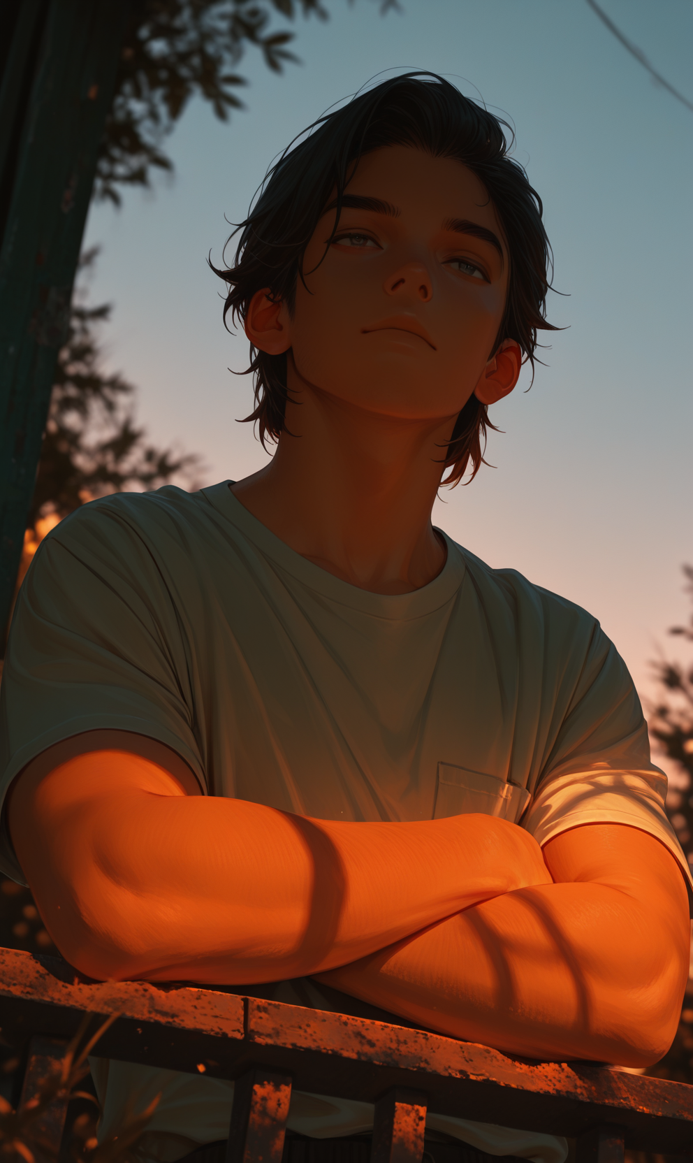 Masterpiece, Best quality Backlights, ultra-detailed quality, dynamic angle, high quality, 4K, modern art, semi-realism, enhanced anime style, color theory, 1boy, handsome boy, casual clothes, shirt, crossed arms, outdoors, depth of field, shadows, 