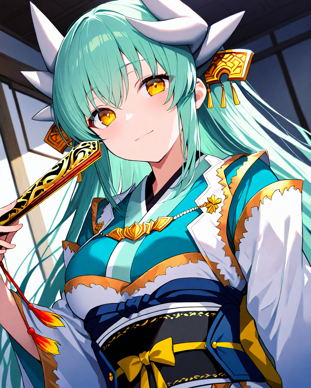 KiyohimeFateGrandOrder,
KiyohimeBR2ndAscension,
1girl, solo, dutch angle, upper body,
long hair, straight hair, green hair,
yellow eyes,
horns, hair ornament,
light smile,
holding fan, folded fan fan,
white kimono, tassel, detached sleeves, gold trim,
green kimono, long sleeves, large breasts, obi,
room,
<lora:kp_KiyohimeFateGrandOrderAnimagineXL_v1_0:1.0>,
BREAK
masterpiece, best quality, absurdres, 
ultra-detailed, moody lighting,
depth of field,