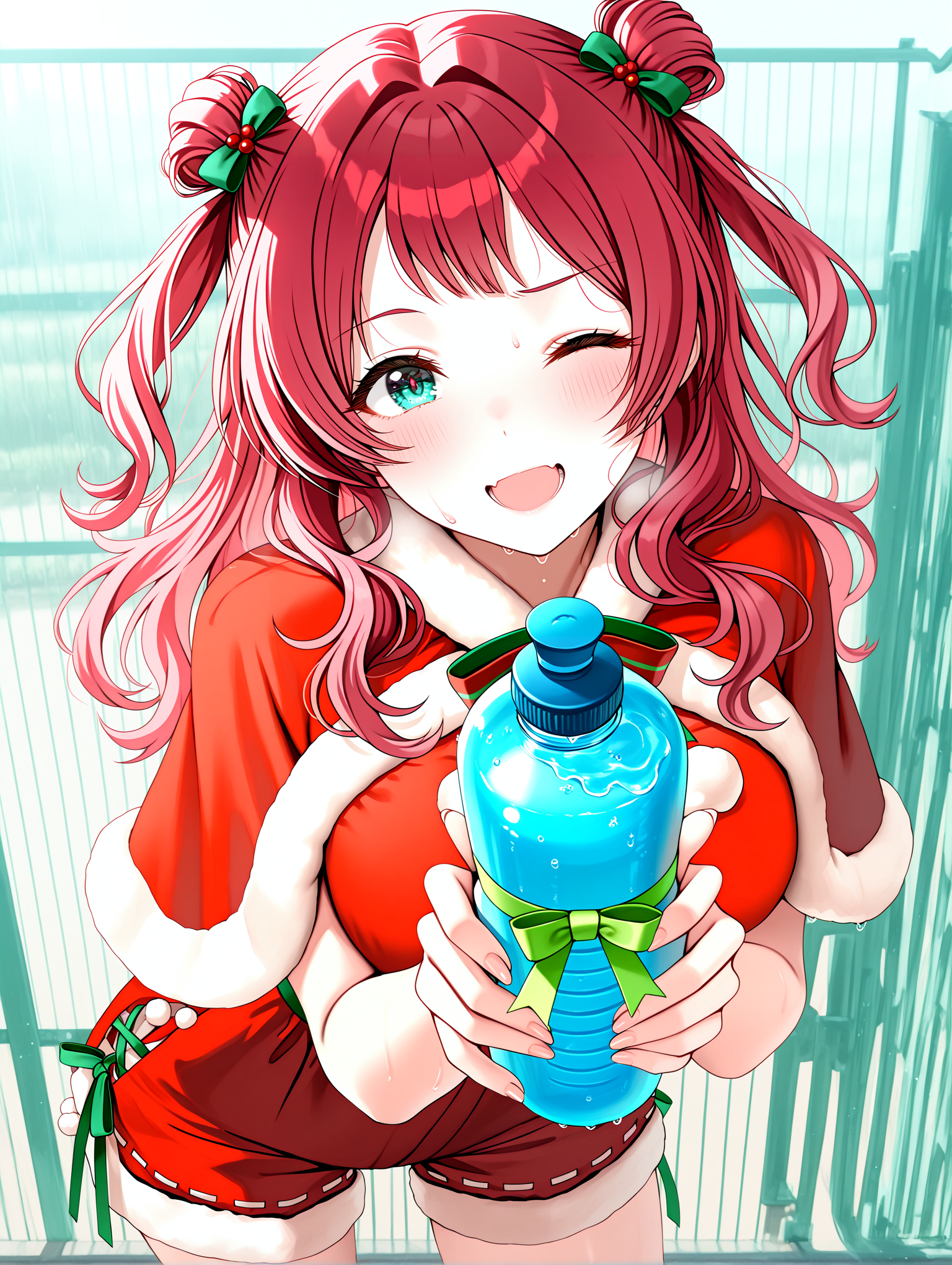 masterpiece, best quality, absurdres, amazing quality <lora:cfg_scale_boost:0.3> <lora:StS-Illustrious-Detail-Slider-v1.0:3> <lora:StS_Age_Slider_Illustrious_v1:3>,detailed_background,outdoors,double bun,gift,ribbon-trimmed shorts,bottle,fence,:d,long hair,open mouth,green ribbon,looking at viewer,blue eyes,ribbon trim,highres,gakuen idolmaster,blue liquid,sports bottle,red hair,hair bun,hanami saki,solo,blush,idolmaster,two side up,ribbon,one eye closed,smile,santa costume,1girl,8n0 g,shorts