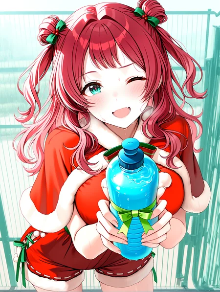 masterpiece, best quality, absurdres, amazing quality <lora:cfg_scale_boost:0.3> <lora:StS-Illustrious-Detail-Slider-v1.0:3> <lora:StS_Age_Slider_Illustrious_v1:3>,detailed_background,outdoors,double bun,gift,ribbon-trimmed shorts,bottle,fence,:d,long hair,open mouth,green ribbon,looking at viewer,blue eyes,ribbon trim,highres,gakuen idolmaster,blue liquid,sports bottle,red hair,hair bun,hanami saki,solo,blush,idolmaster,two side up,ribbon,one eye closed,smile,santa costume,1girl,8n0 g,shorts