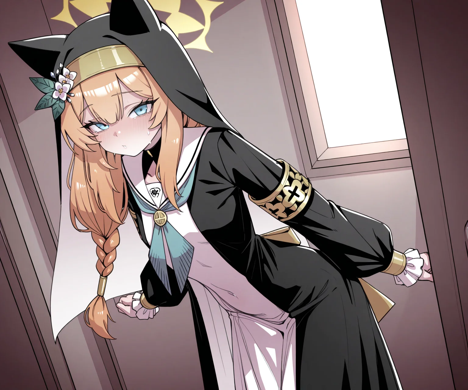 masterpiece, best quality, amazing quality, sfw, 1girl, solo, looking at viewer,  mari \(blue archive\),  standing,   <lora:Miwerjooggetse style ILL-v2.1:1> miwerjooggetse_style