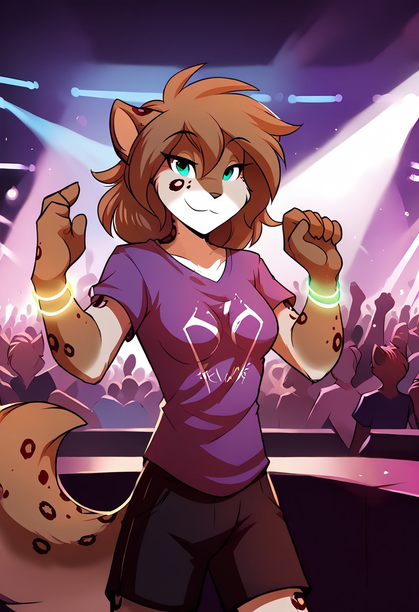 score_9, score_8_up, score_7_up,score_6_up,score_5_up, source_furry
BREAK
solo, furry female anthro, medium hair, medium breasts, (cute, seductive), purple T-shirt, black shorts, luminous bracelets, (indoors, standing), upper body shot, Dancing, TomFischbeck, crowd, nightclub, rave, spotlights, ultraviolet light, crowded
BREAK
<lora:Kathrin-Twokinds-SDXL-AnonTK-V1:1>, kathrin-twokinds, keidran, mammal, canine tail, teal eyes