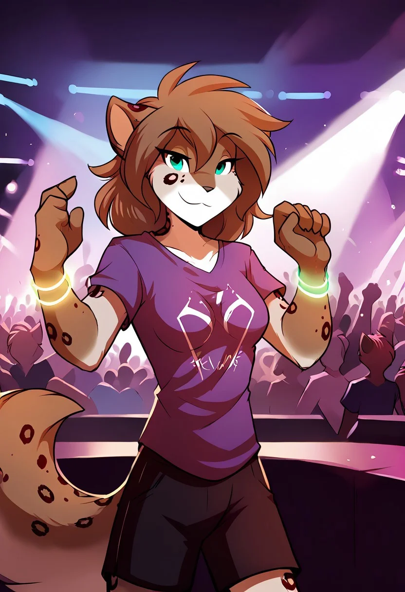 score_9, score_8_up, score_7_up,score_6_up,score_5_up, source_furry
BREAK
solo, furry female anthro, medium hair, medium breasts, (cute, seductive), purple T-shirt, black shorts, luminous bracelets, (indoors, standing), upper body shot, Dancing, TomFischbeck, crowd, nightclub, rave, spotlights, ultraviolet light, crowded
BREAK
<lora:Kathrin-Twokinds-SDXL-AnonTK-V1:1>, kathrin-twokinds, keidran, mammal, canine tail, teal eyes
