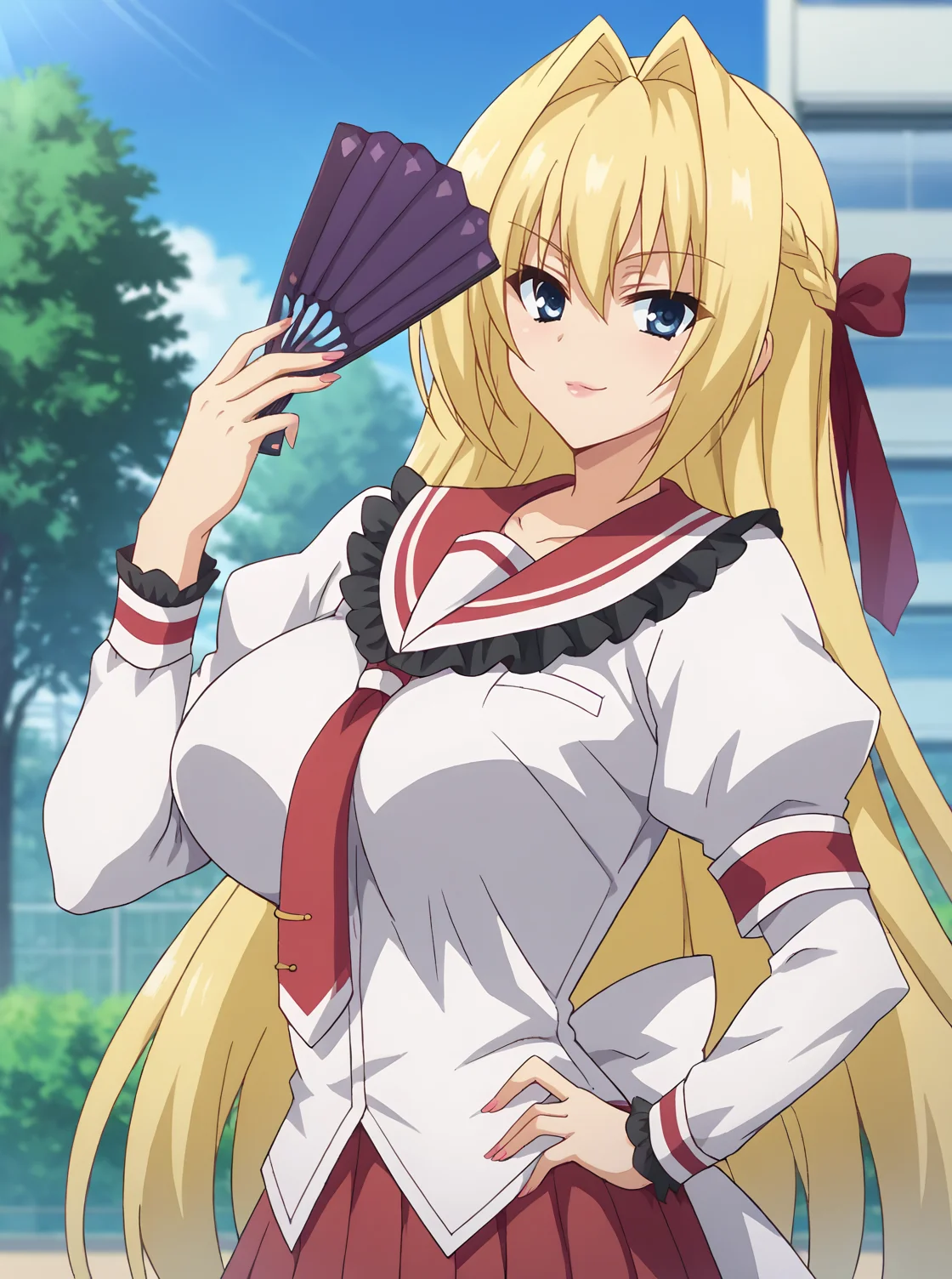 score_9,score_7_up, BREAK source_anime,1girl,solo, looking at viewer,Urara_T,lip,very long hair ,blonde hair, make up,blue eyes, school uniform,frills , white shirt, long puffy sleeves,red necktie,red skirt,red hair ribbon, white waist ribbon,arm band,large breasts ,holding hand fan ,hand on hip<lora:Urara_T_v1:0.8>