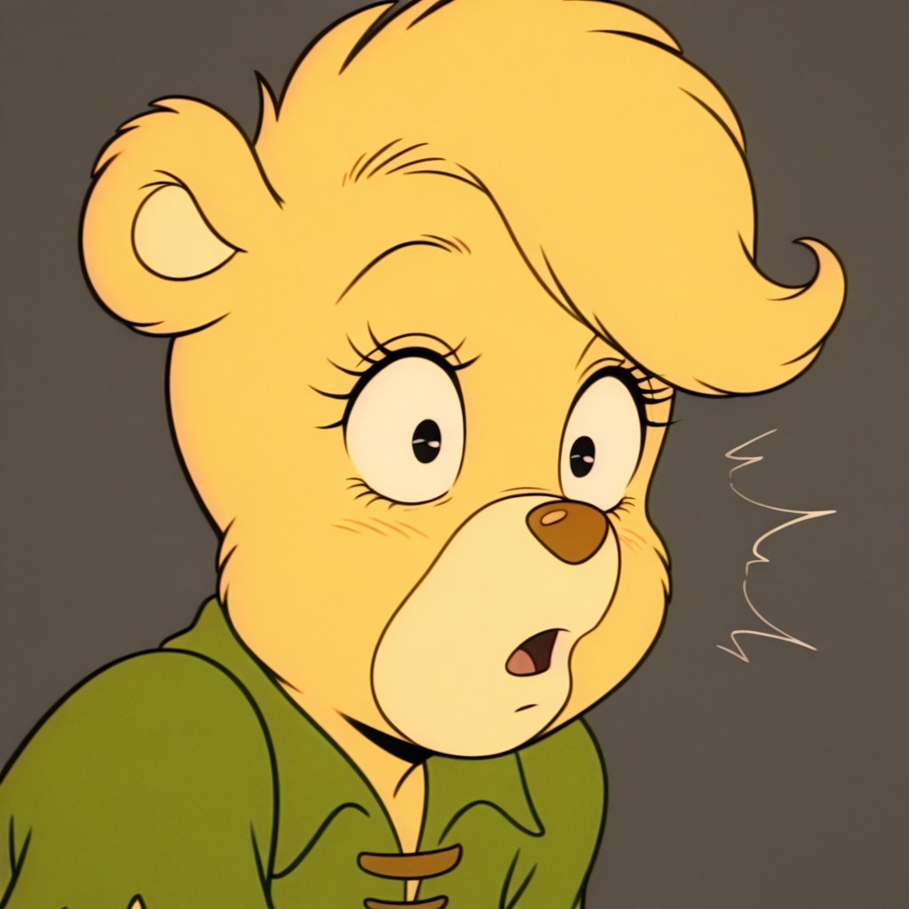 masterpiece, best quality, amazing quality, retro artstyle, sunni, female, furry female, anthro, young, solo, bear, yellow fur, short hair, black eyes, yellow muzzle, brown nose, eyelashes, paw pads, short, green shirt, shocked, wide-eyed, close up, portrait, grey background