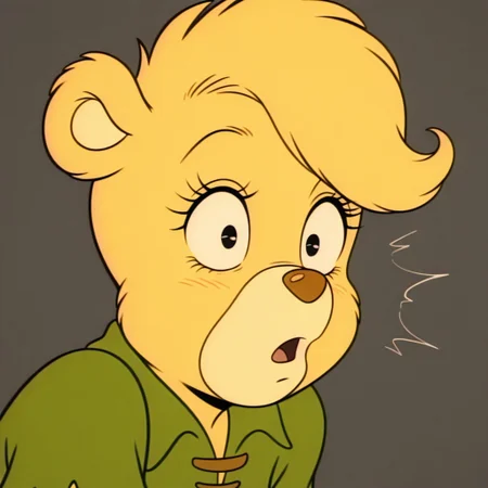 masterpiece, best quality, amazing quality, retro artstyle, sunni, female, furry female, anthro, young, solo, bear, yellow fur, short hair, black eyes, yellow muzzle, brown nose, eyelashes, paw pads, short, green shirt, shocked, wide-eyed, close up, portrait, grey background