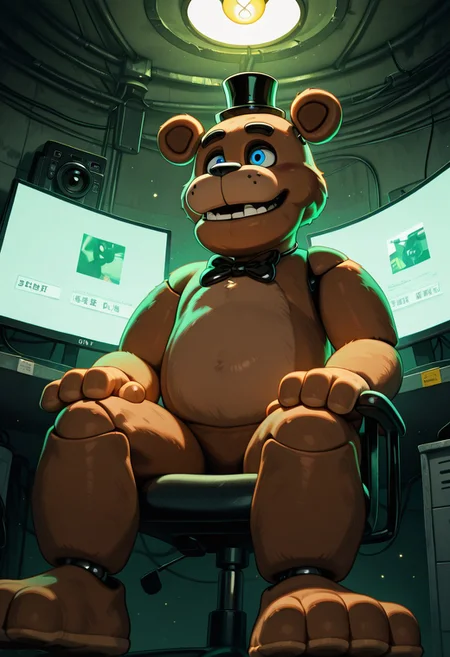 masterpiece, best quality, amazing quality, very aesthetic, absurdres, newest, detailed background,
freddyit, 1boy, black mini top hat, black bowtie, bear ears, joints, teeth, blue eyes, animatronic,
smile, security office, cctv, camera screens, night guard, from below, sitting on chair, office chair, multiple monitors, camera monitors, tv screens, green atmosphere, dusty place,
BREAK dark storage room with stacked boxes and animatronic limbs, single overhead bulb casting shadows, dusty air particles, old shelving units, metal walls, horror suspense atmosphere, no posters, industrial detail, SDXL 4k render