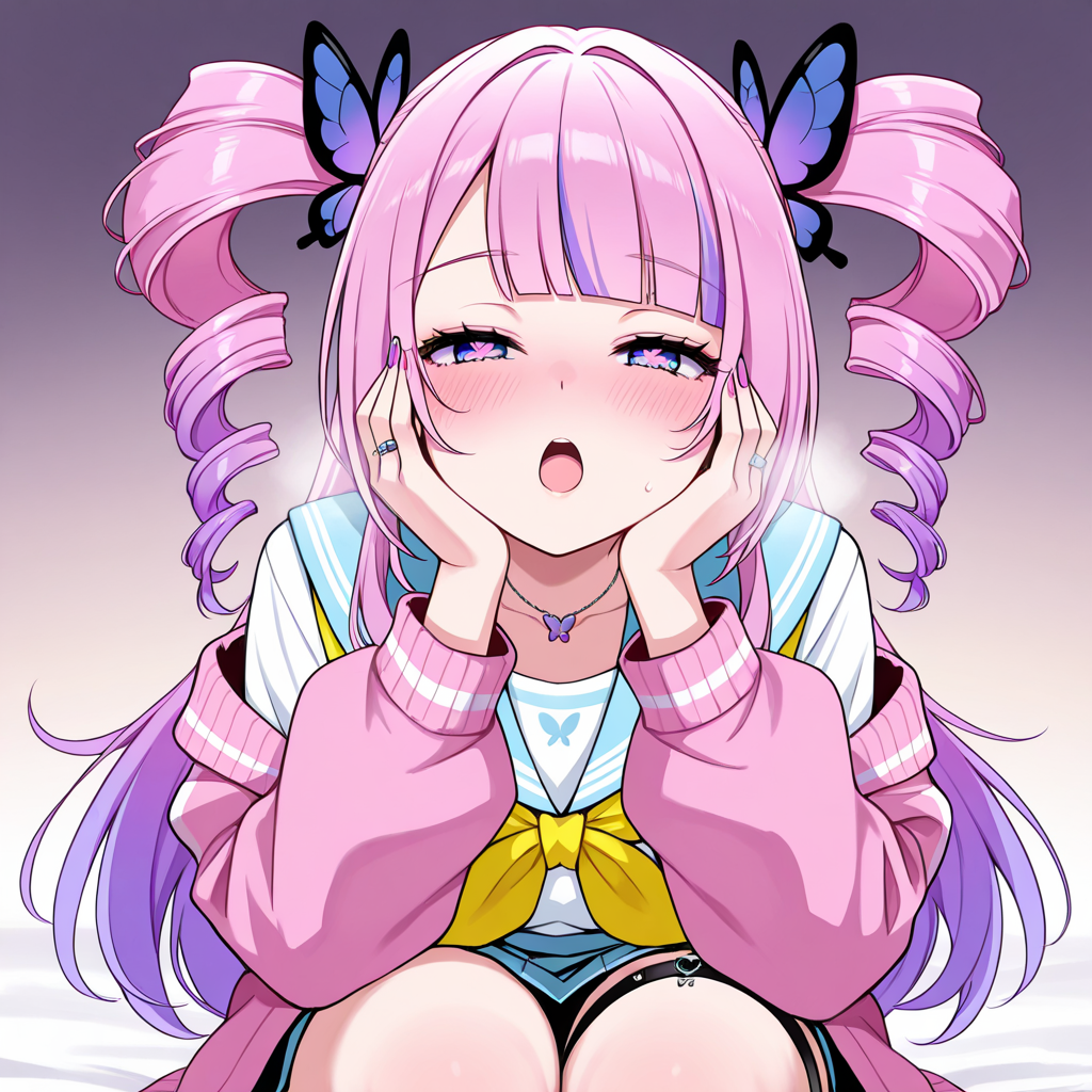 <lora:Chiamo:0.8>,chiamo,long hair,open mouth,bangs,purple eyes,multicolored hair,pink hair,purple hair,blunt bangs,drill hair,blue eyes,nail polish,symbol-shaped pupils,gradient hair,twin drills,
sailor collar,butterfly hair ornament,jewelry,necklace,pink jacket,thigh strap,jacket,long sleeves,school uniform,serafuku,yellow neckerchief,1girl,solo,hands on own face, looking at viewer, ring, open mouth, hands on own cheeks,half-closed eyes, blush, heavy breathing,