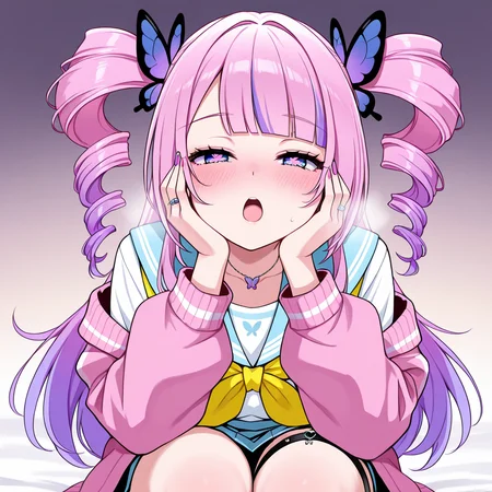 <lora:Chiamo:0.8>,chiamo,long hair,open mouth,bangs,purple eyes,multicolored hair,pink hair,purple hair,blunt bangs,drill hair,blue eyes,nail polish,symbol-shaped pupils,gradient hair,twin drills,
sailor collar,butterfly hair ornament,jewelry,necklace,pink jacket,thigh strap,jacket,long sleeves,school uniform,serafuku,yellow neckerchief,1girl,solo,hands on own face, looking at viewer, ring, open mouth, hands on own cheeks,half-closed eyes, blush, heavy breathing,