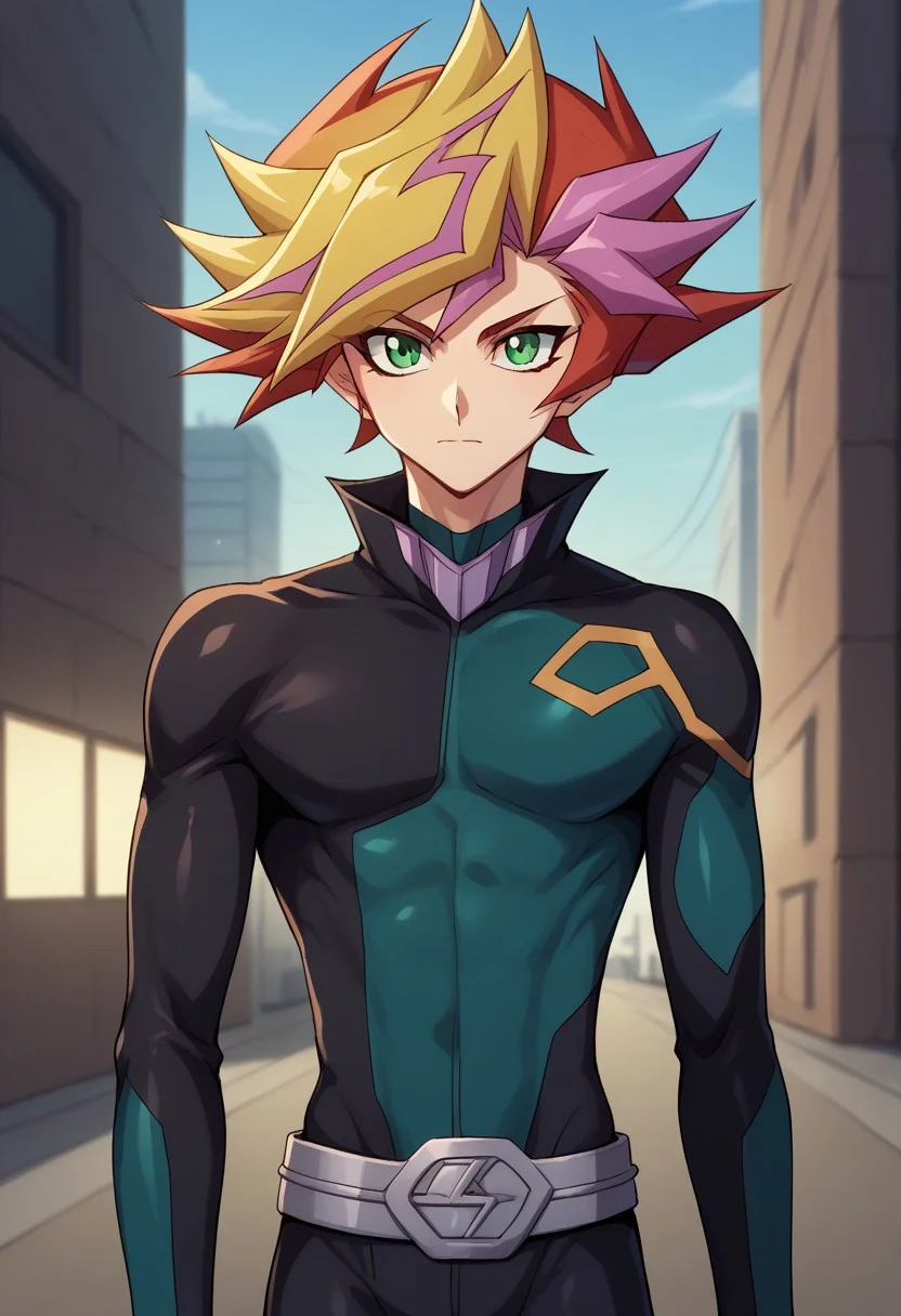 score_9, score_8_up, score_7_up, source_anime, highly detailed,
yusaku, 1boy, male focus, solo, multicolored hair, green eyes, bodysuit, spiked hair, blonde hair, looking at viewer, closed mouth, belt, black bodysuit, dyed bangs, playmaker outfit, upper body,
outdoor, virtual reality, neon,