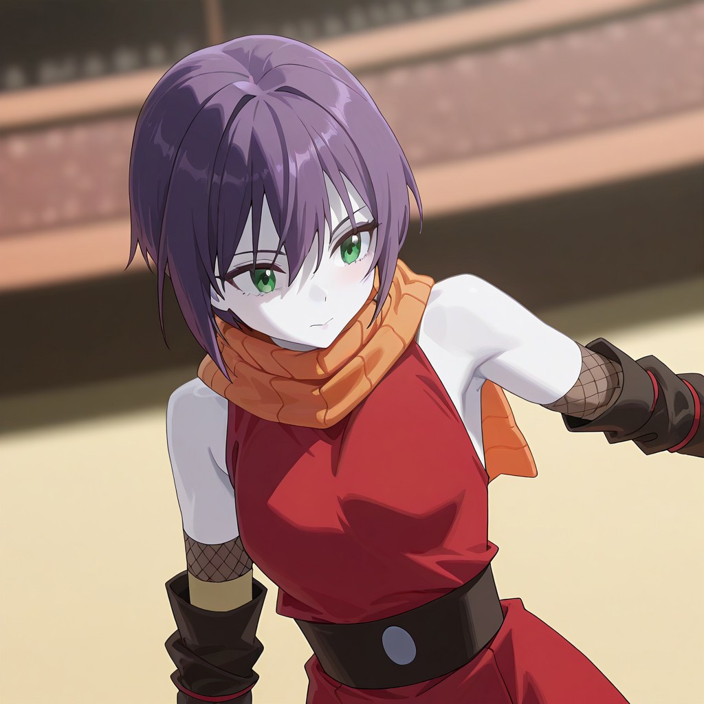 (best_quality, detailed, masterpiece, very_aesthetic, absurdres), general, m.q \(mqkyrie\), (zuharu:0.5)
BREAK
1girl, small breasts, white skin, upper_body, adult, dynamic angle, blurry background
BREAK
souka_cnr, armpit,short hair, green eyes, purple hair,bare shoulders, ninja, red japanese clothes,elbow gloves, boots, orange scarf