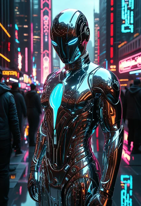 A hyper-realistic Fullbody of a humanoid figure with a chrome-plated face, reflecting a dystopian cityscape. The figure's eyes emit a soft blue glow, and intricate circuitry patterns are visible beneath the translucent chrome surface. The background features towering skyscrapers with neon lights, all mirrored on the figure's metallic skin. The atmosphere is moody, with a blend of cyberpunk and futuristic elements.
Style Tags:
hyper-realistic, cyberpunk, futuristic, chrome texture, neon lighting, detailed reflections, moody atmosphere
Negative Prompt:
cartoonish features, low detail, blurry reflections, unrealistic anatomy, overexposed lighting
cottoncandy, Jed-mrbl, hkmagic
