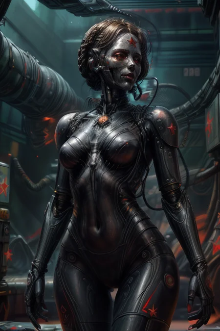 cyberpunk cityscape,biomechanical cyberpunk,SCI-FI,
cowboy shot,thigh gap,
femenine cyborg,helmet with antenna,mask,armor,robot joints,
(wires,cables,electricity,discharge,monitors:1.2),
high technical room background,
<lora:Concept_-_Hella-sthetic_v2:0.7>,
(USSR,red star \(symbol\):1.5),
<lora:H.R.GigerWorld:0.25>,gigerworld,art by hrgiger,
<lora:Concept_-_Giger-ish_Biomechanicals_v2:0.25>,hnsrdlf style,
<lora:Concept_-_More_Details_v1.0:1>,
intricate,elegant,highly detailed,symmetry,magical atmosphere,sharp focus,majestic,very coherent,radiant,advanced,cinematic,artistic,fine detail,winning,beautiful,stunning,dramatic light,designed,rich deep colors,perfect professional background,ambient,tailored set composition,
human-machine fusion,organic meets artificial,futuristic,technological,cybernetic enhancements,robotics,neon lights,dark,
<lora:Concept_-_PicXer_bSide:1>,<lora:AHTwins:0.7>, AHTwins,1girl,robot,no face,blonde hair,braid,star (symbol),