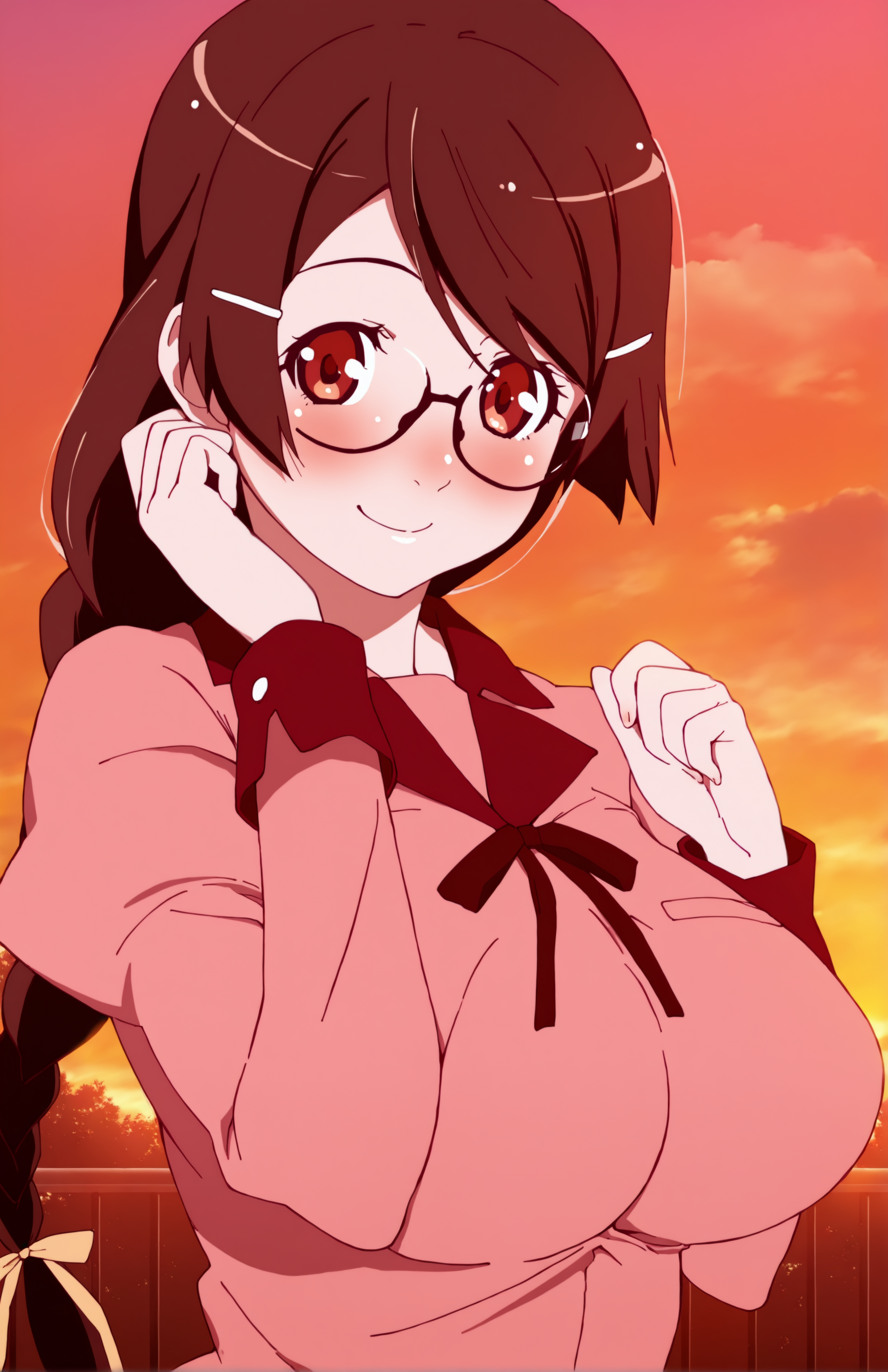 Kizustyle, 1girl, solo, long_hair, looking_at_viewer, blush, smile, (brown_hair), ribbon, brown_eyes, big breast, school_uniform, braid, sky, glasses, cloud, pink_shirt, evening
