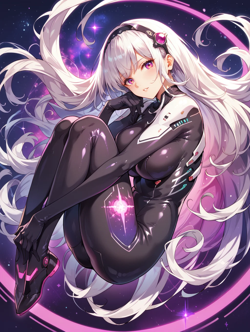 score_9, score_8_up, score_7_up,source_anime, <lora:style012:0.6>
1girl, solo, space, galaxy, floating hair, white hair, very long hair, glowing,black bodysuit,skin tight,print bodysuit,black hairband,hair ornament,full body, floating, knees up, fetal position, (head rest:0.3), head tilt, looking at viewer, parted lips, large breasts, skin tight, white skin, pale, from side, abstract background, vibrant, purple theme, ass, [sitting::0.2], (smile:0.4), hugging own legs, caustics, black gloves, magenta theme, science fiction, colorful, vibrant,