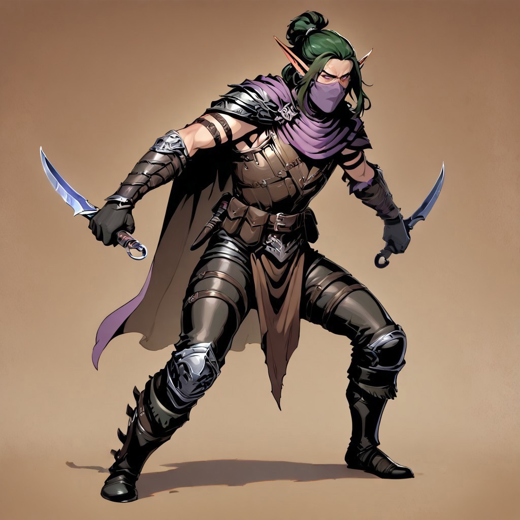 masterpiece, best quality, newest, absurdres, highres, 1boy, HOMMDEAV1.0, dark elf, armor, pointy ears, knife, rogue, assasin, holding, holding weapon, dagger, male focus,