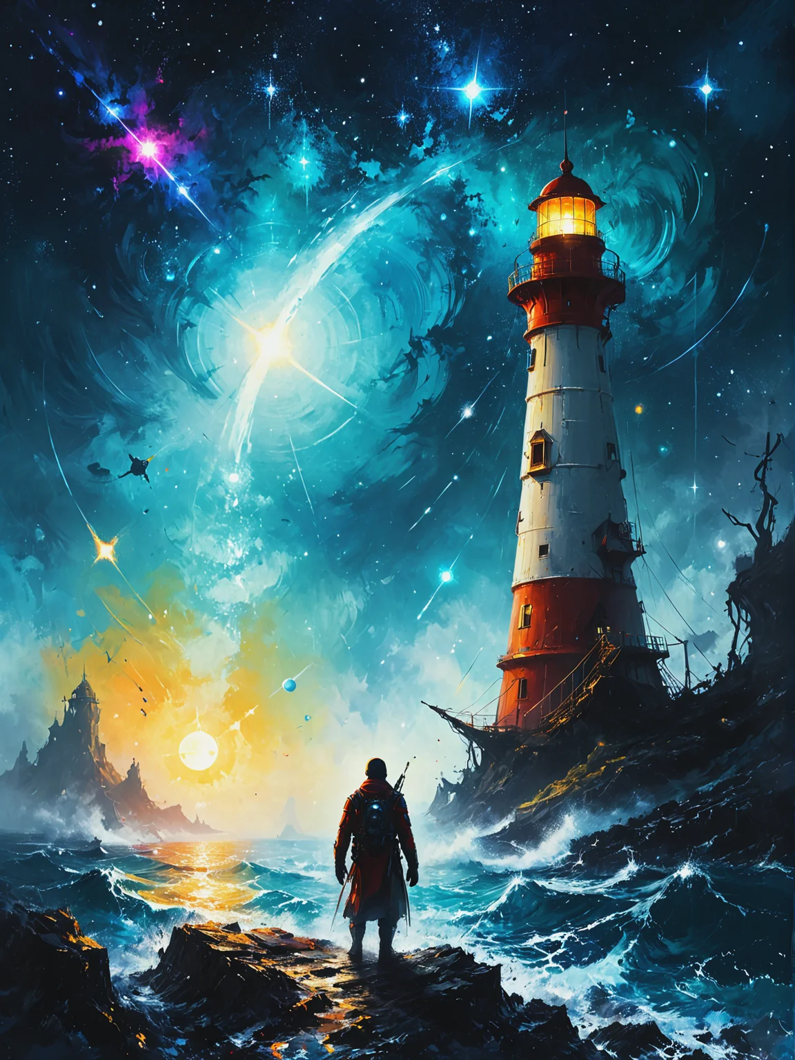 Lighthouse stars guide lost celestial sailors in a Spacefaring nomads trading exotic resources, ultra-fine digital painting, <lora:xl_more_art-full_v1:0.3>,  <lora:Desolation:0.6> <lora:gorgoeus_splash_of_vibrant_paint:0.7> Gorgeous splash of vibrant paint