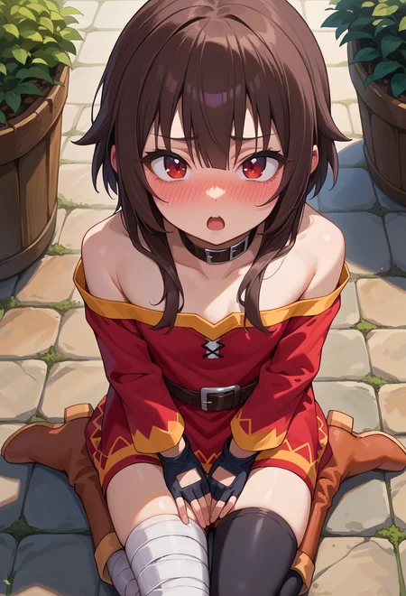 score_9, score_7_up, source_anime, BREAK <lora:AEMegumin-000009:1> AEMegumindef, red eyes, Brown hair, Belt choker, red dress, off-shoulder dress, Black gloves, fingerless gloves, Belt, mismatched legwear, asymmetrical legwear, bandaged leg, black thighhighs, knee boots, full-face blush, wariza, sitting, open mouth, looking up, from above,