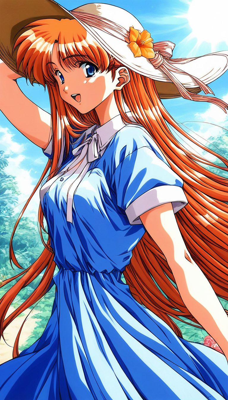 score_9, score_8_up, score_7_up, source_anime, rating_explicit, BREAK  <lora:Kobayakawa_Mizuho_XL:1> Kobayakawa_Mizuho, blue eyes, very long hair, orange hair, 1990s (style), bangs, breasts, 
1girl, solo, hat, sun hat, dress, short sleeves, flower, 1990s (style), hat flower, 
blue dress,  looking at viewer, open mouth, ribbon, cowboy shot, light smile.
looking at viewer, sky, outdoor,