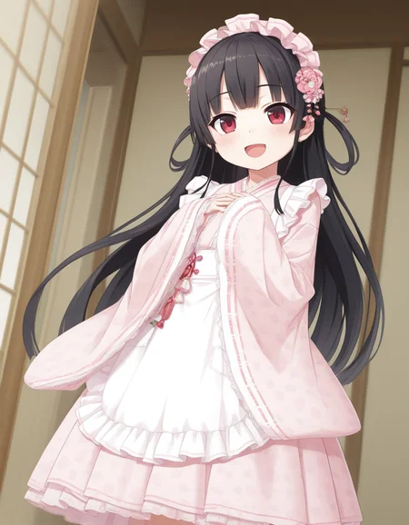 masterpiece, best quality, (anime coloring:0.8), (anime screencap:0.5), <lora:Hachiroku_Maitetsu_for_Illustrious:0.8> hachiroku, <lora:Japanese_Maid_Style_Apron_Dress_Long_Length:1.0> short dress, Japanese_Maid_Style_Apron_Dress_Long_Length, long sleeves, wide sleeves, pink dress, long dress, floral print, white apron, maid apron, frilled apron, frills, maid, wa maid, japanese clothes, hair ornament, pink headdress, sleeves past wrists, :D, standing, hands on chest, duth angle