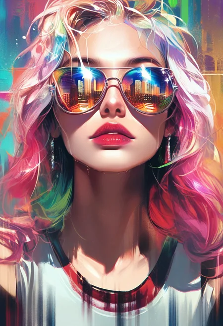 score_9, score_8_up, score_7_up, score_6_up, score_5_up, colourful, 8k, detailed face, makeup,1girl, solo, tank top, abstract background, mirrored sunglasses. sunglasses, reflection, face closeup, city,