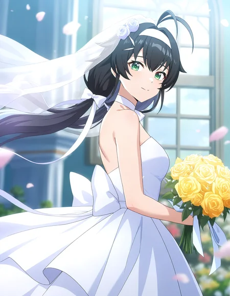 looking at viewer,wedding_dress,bridal_veil,
<lora:faniya_noob2:0.75>,faniya,1girl,solo,2dfaniya,green eyes,black hair,bangs,antenna hair,ahoge,long hair,(straight_hair:1.2),anime screencap,cowboy_shot,holding_bouquet,bishoujo,
masterpiece,best quality,very aesthetic,absurdres,