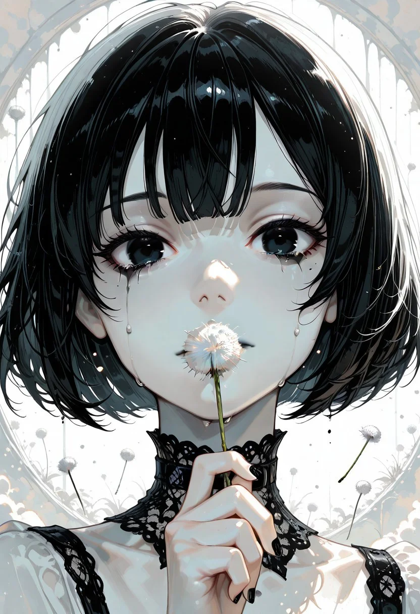 incredibly absurdres, highres, masterpiece, newest,best quality, very aesthetic, absurdres, newest, focused subject, oc-chan_(ketopon), 1girl, solo,solid black hair, bob cut, blunt bangs, hair between eyes,  solid black eyes, detailed eyes, eyelashes, mole under eye, expressionless, pale skin, black lips, lips, detached lace collard, collar bones,hand up, fingernails, nail polish, holding dandelion, covering mouth with dandelion, crying, black tears, floating seeds, close up, portrait, straight on, looking at viewer, face focus,backlighting, white theme, painterly, traditional media, gloom, limited palette, monochrome, opill, Ethereal Brushstroke