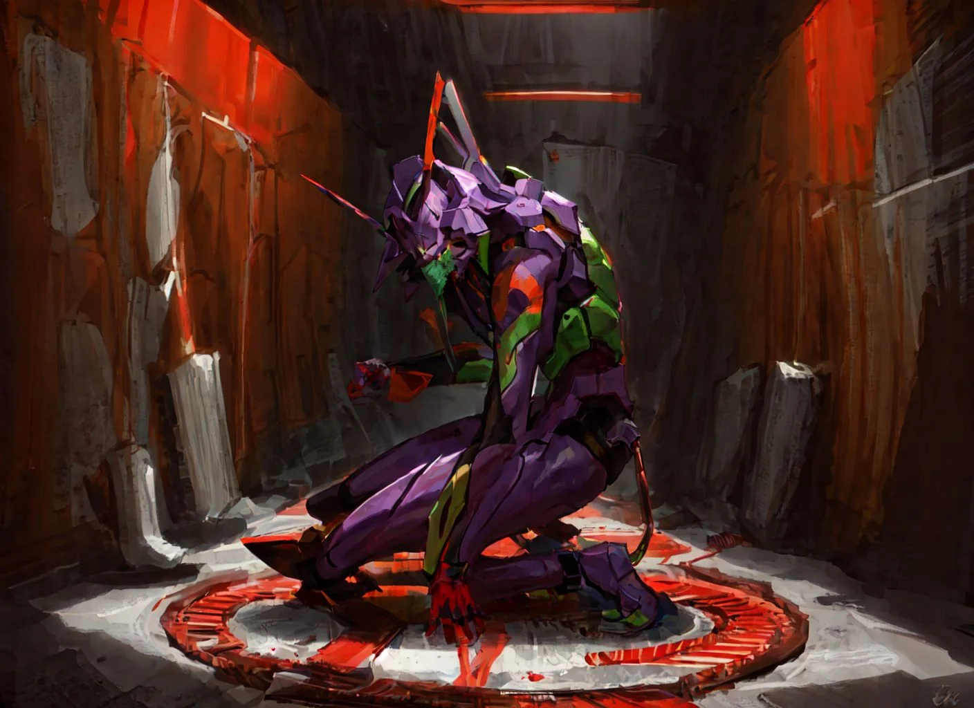 evaunitone, armor, blood, blood on hands, entry plug, from side, full body, holding, horns, mecha, one knee, orange theme, robot, single horn, eva 01, neon genesis evangelion <lora:SD15_noise_offset:1> <lora:eva01_v2:0.7>