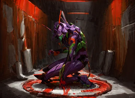 evaunitone, armor, blood, blood on hands, entry plug, from side, full body, holding, horns, mecha, one knee, orange theme, robot, single horn, eva 01, neon genesis evangelion <lora:SD15_noise_offset:1> <lora:eva01_v2:0.7>