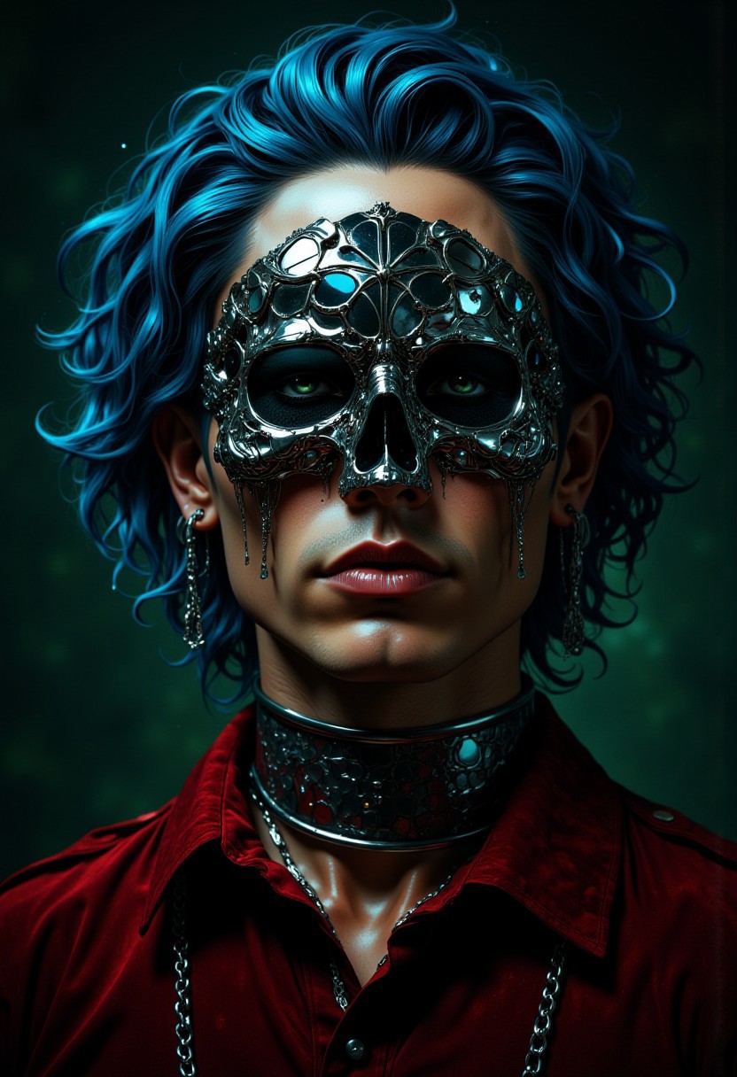 **aesthetic_pose, dramatic_lightning, mythp0rt, anime cyberpunk**: A close-up of a male figure with shoulder-length wavy blue hair cascading smoothly, contrasting with his warm tanned complexion. His face is partially covered by a surreal chrome skull mask, the surface shimmering with a layer of sparkling lights that create a futuristic and mysterious vibe. Delicate chrome chains dangle elegantly from his ears, adding subtle movement and reflective highlights. A thick metallic collar hugs his neck, accentuating the sleek, avant-garde aesthetic. He is dressed in a deep red velvet shirt, the soft texture contrasting with the hard, glossy elements of his accessories. The background is a dark, moody green, which enriches the vividness of his attire and amplifies the mirror-like sheen of his chrome details. The dramatic lighting accentuates the shine of the chains, collar, and mask, casting delicate reflections and creating an intense yet enchanting atmosphere around the character.
