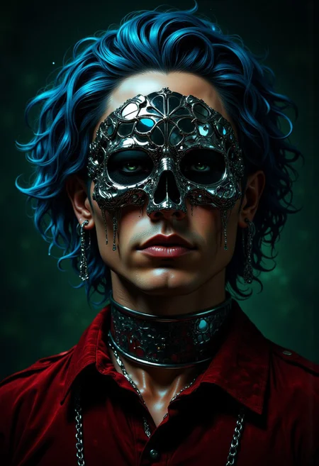 **aesthetic_pose, dramatic_lightning, mythp0rt, anime cyberpunk**: A close-up of a male figure with shoulder-length wavy blue hair cascading smoothly, contrasting with his warm tanned complexion. His face is partially covered by a surreal chrome skull mask, the surface shimmering with a layer of sparkling lights that create a futuristic and mysterious vibe. Delicate chrome chains dangle elegantly from his ears, adding subtle movement and reflective highlights. A thick metallic collar hugs his neck, accentuating the sleek, avant-garde aesthetic. He is dressed in a deep red velvet shirt, the soft texture contrasting with the hard, glossy elements of his accessories. The background is a dark, moody green, which enriches the vividness of his attire and amplifies the mirror-like sheen of his chrome details. The dramatic lighting accentuates the shine of the chains, collar, and mask, casting delicate reflections and creating an intense yet enchanting atmosphere around the character.