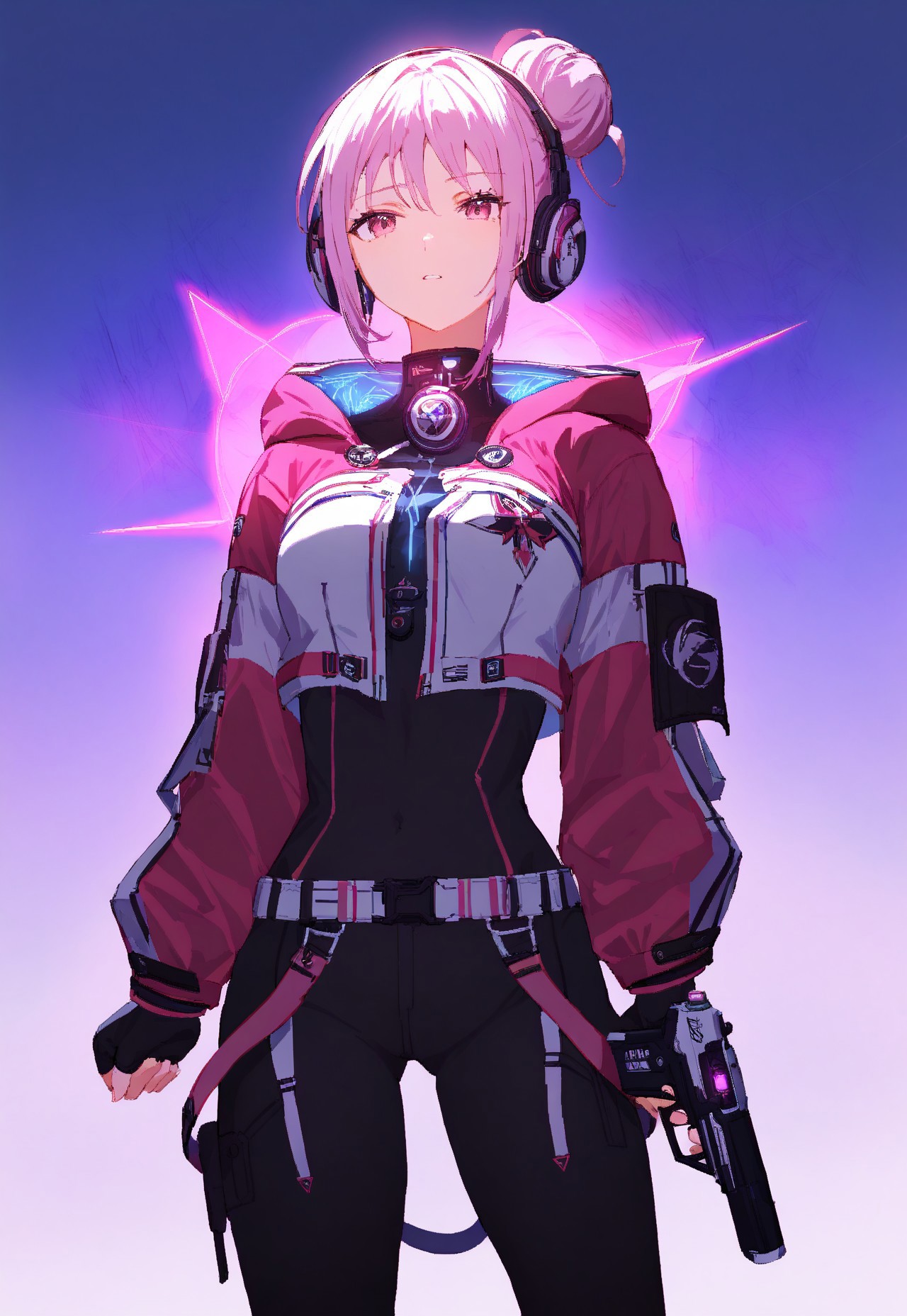 masterpiece, high score, great score, absurdres, V4NGU4RD, weapon, 1girl, gun, solo, holding gun, holding, holding weapon, headphones, hair bun, black bodysuit, gloves, bodysuit, handgun, single hair bun, hair ornament, cyberpunk, hooded jacket, belt, hood down, Vanguard Breeches of Scouting, vanguard bolero, pink theme, Neon, glowing