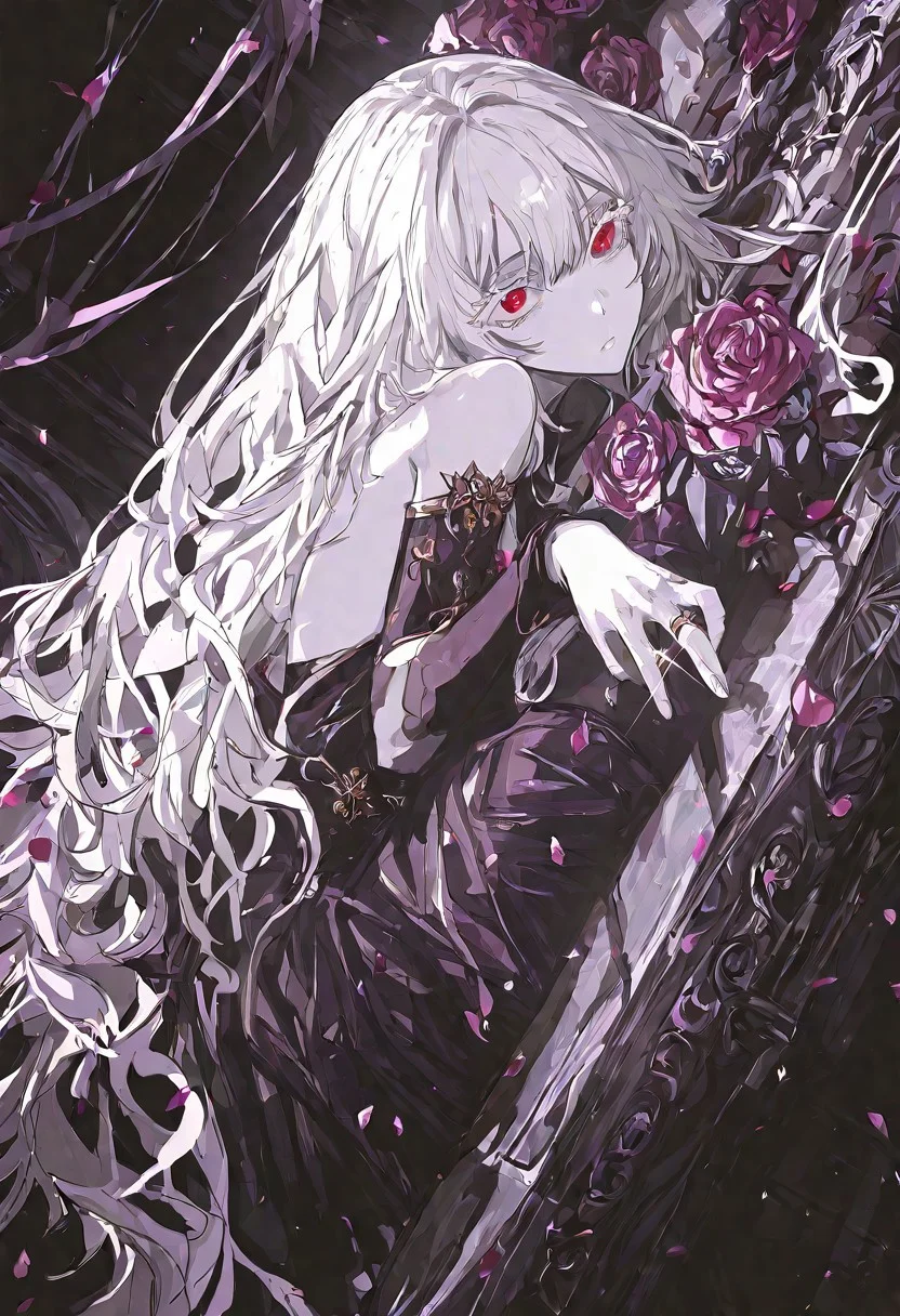 <lora:748cmSDXL:1>, best quality, masterpiece, 748cmstyle, 1girl, white hair, really long hair, red eyes, white eyelashes, small breasts, pale skin, (upper body), white outline, sketch, natural hand pose, (muted purple brown and pink) color palette, hugging knees, hiding, fancy noble hall, sitting on alter, body facing side, dramatic angle, frightened expression, short bridal gown, flowers throughout hair, wedding ring