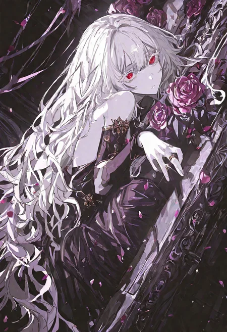 <lora:748cmSDXL:1>, best quality, masterpiece, 748cmstyle, 1girl, white hair, really long hair, red eyes, white eyelashes, small breasts, pale skin, (upper body), white outline, sketch, natural hand pose, (muted purple brown and pink) color palette, hugging knees, hiding, fancy noble hall, sitting on alter, body facing side, dramatic angle, frightened expression, short bridal gown, flowers throughout hair, wedding ring