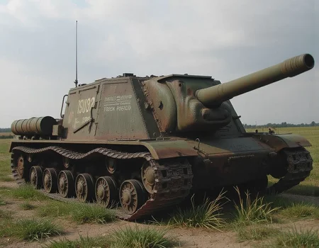 painting of battle field, This is the Soviet self-propelled gun, ISU152. military vehicle without a turret.no humans,from side. very dusty and sooty,caterpillar tracks,,,, <lora:isu152:0.9>,isu152,.low angle, <lora:boFLUX digital-abyss:1> bo-abyss