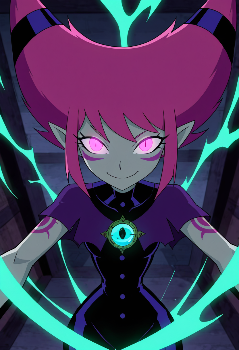 masterpiece, best quality, solo, curvy, beautiful eyes,  narrow waist, wide hips,  jnx, pink eyes, pink hair, grey skin, hair up, pale skin, medium hair, hair horns, short hair, colored skin, smile, looking at viewer,   ,       <lora:JinxTT_IXL:0.8>,   dynamic angle, foreshortening, close up, [Mystic Glow], Glowing green tribal tattoos across grey skin, ethereal glow, Upper body portrait with pointy ears and glowing eyes, surrounded by a soft green aura in a shadowy space, locking eyes with the viewer with an enigmatic expression.