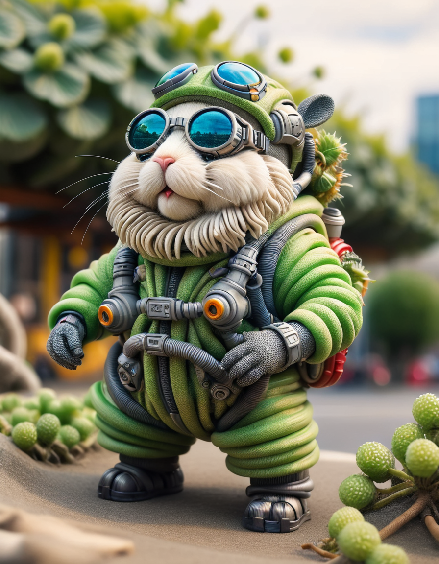 tilt-shift photo of selective focus, miniature effect, blurred background, highly detailed, vibrant, perspective control, natural Tilt Shot (Whimsically artistic) , adorable extra (fluffy: 1.3) chubby miniature pika wearing an ral-hops cyberpunk suit with white furr and helmet wit futuristic googles made of ral-watrho, macro photography, (enchanting:1.3), (luminous:1.2), (oversized flora:1.1), mystical, vibrant photography, shimmering light, dreamy, whimsical, serene, soft-focus, hyper-detailed digital art<lora:ral-watrho:1> ral-watrho