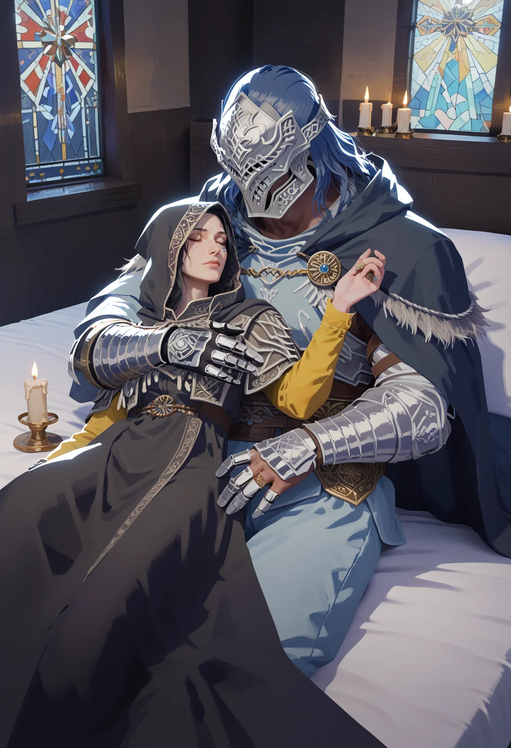 score_9, score_8_up, score_7_up, score_6_up, score_5_up, score_4_up,
 <lora:CyberNova:1> cyb3rn0va,
1girl, long hair, black hair, long sleeves, 1boy, holding, closed mouth, sitting, blue hair, closed eyes, hetero, lying, indoors, hood, cape, armor, pillow, window, hug, colored skin, bed, glowing, ring, sleeping, helmet, gauntlets, cloak, hood up, height difference, pajamas, blue skin, blanket, candle, under covers, hooded cloak, extra arms, full armor, black cloak, stained glass, covered face, helm, tarnished (elden ring)
