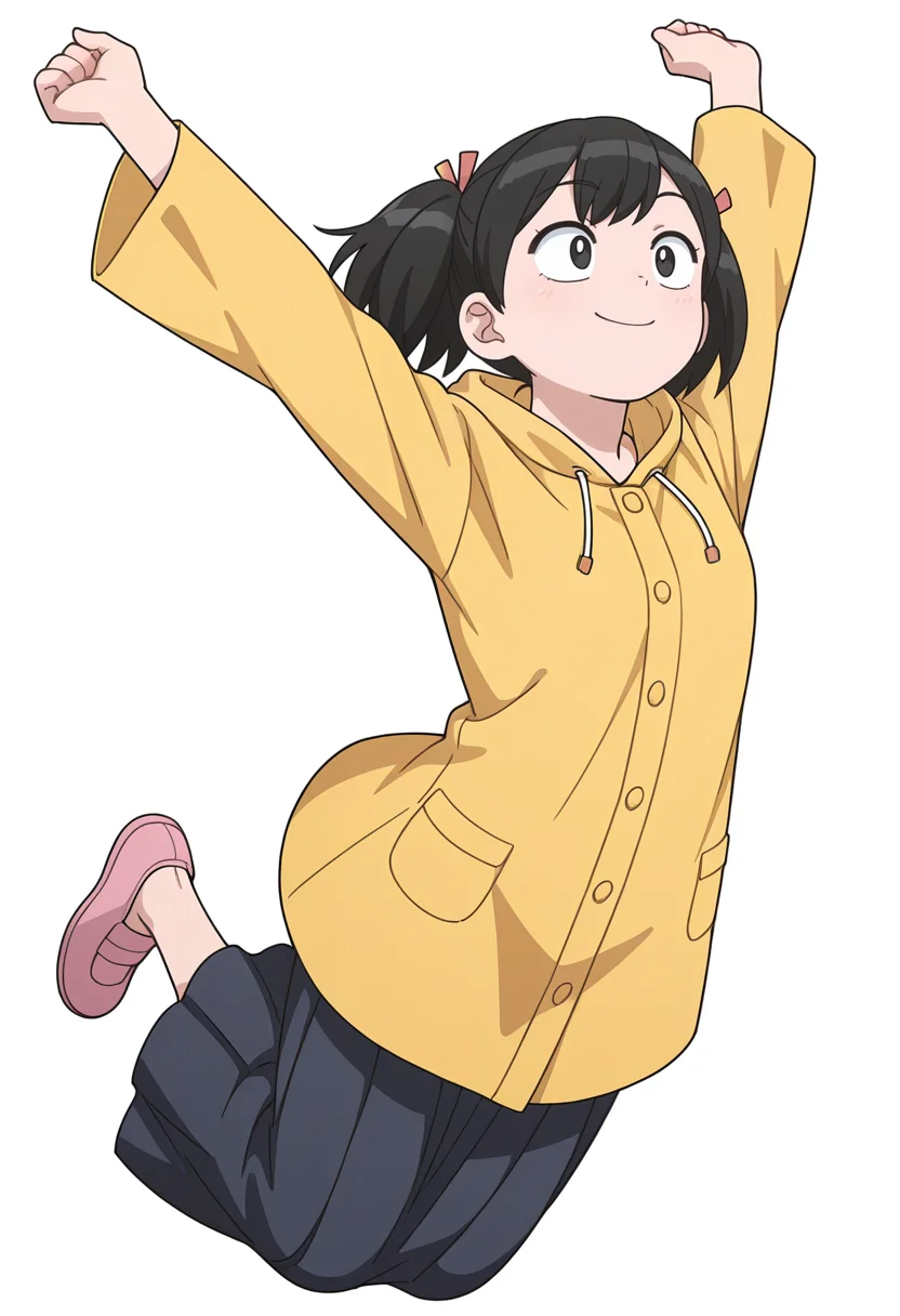 Smooth Quality,masterpiece,very intricate, high quality details, ultra realistic, high detailed skin,detailed enviorement,
simple background, white background,
dynamic angle,smug,jumping, arms open, legs bent, smiling, midair, ,
<lora:Tadano_Hitomi_cnn:0.7> tadanohitomicnn, 1girl,black hair, short hair, twintails, black eyes, bangs, hair ribbon,
raincoat, ,long skirt, ,