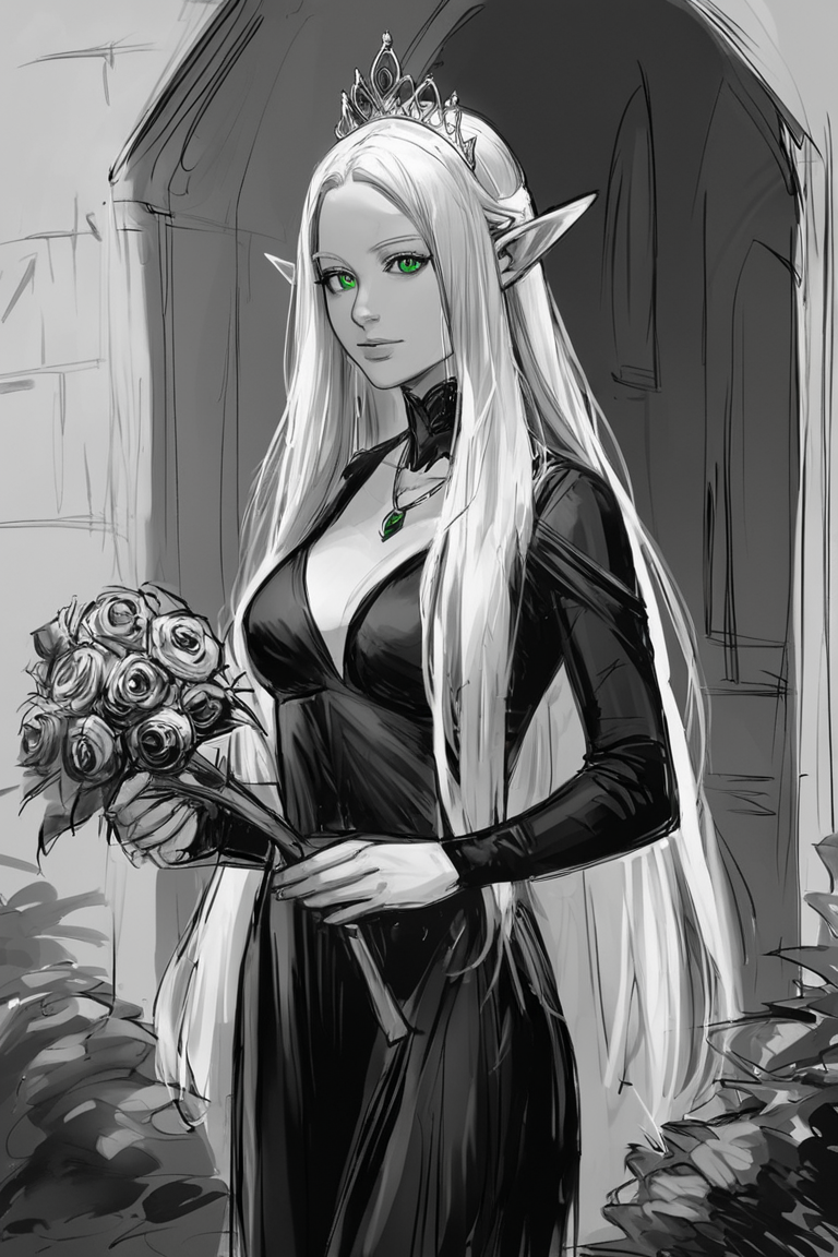 score_9, score_8_up, score_7_up, rating_safe, sketch, monochrome, greyscale, 1girl, solo, elf, pointy ears, breasts, long hair, very long hair, white hair, green eyes, portrait, looking at viewer, black dress, tiara, silver tiara, holding, holding flower, rose, red rose, necklace, jewelry, cowboy shot, standing, outdoors, castle <lora:Sketch Illustration Style [LoRA] - Pony V6 XL:0.7>