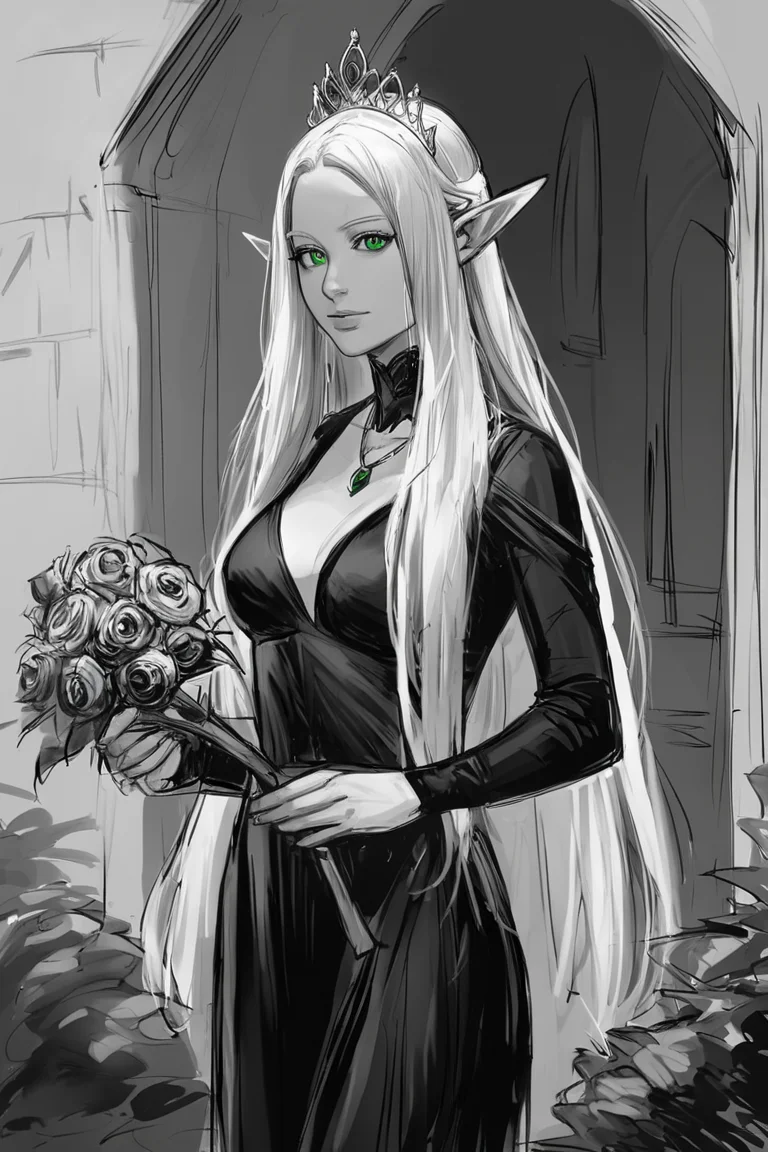 score_9, score_8_up, score_7_up, rating_safe, sketch, monochrome, greyscale, 1girl, solo, elf, pointy ears, breasts, long hair, very long hair, white hair, green eyes, portrait, looking at viewer, black dress, tiara, silver tiara, holding, holding flower, rose, red rose, necklace, jewelry, cowboy shot, standing, outdoors, castle <lora:Sketch Illustration Style [LoRA] - Pony V6 XL:0.7>