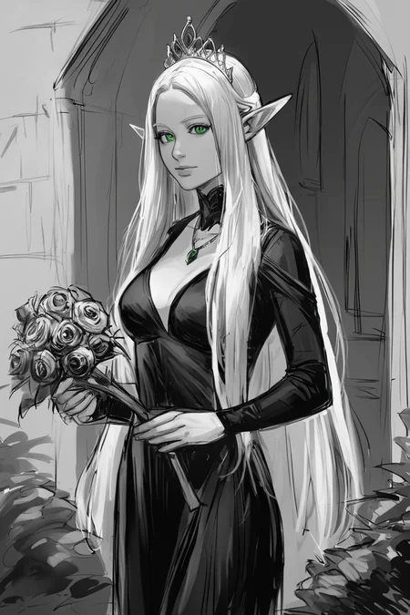 score_9, score_8_up, score_7_up, rating_safe, sketch, monochrome, greyscale, 1girl, solo, elf, pointy ears, breasts, long hair, very long hair, white hair, green eyes, portrait, looking at viewer, black dress, tiara, silver tiara, holding, holding flower, rose, red rose, necklace, jewelry, cowboy shot, standing, outdoors, castle <lora:Sketch Illustration Style [LoRA] - Pony V6 XL:0.7>