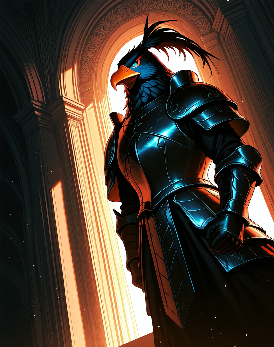 <lora:Fokka_(Zelda_2)_(Illustrious)_(AD):1> Fokka, birdmen, armor, 
male focus, intense shadows, dynamic shadows and lighting, intricate details, attention to details, gradient coloring, dutch angle, interior, palace, beak, 
EZRealPONYXL, zPDXL, Smooth Quality, lazynsfw,