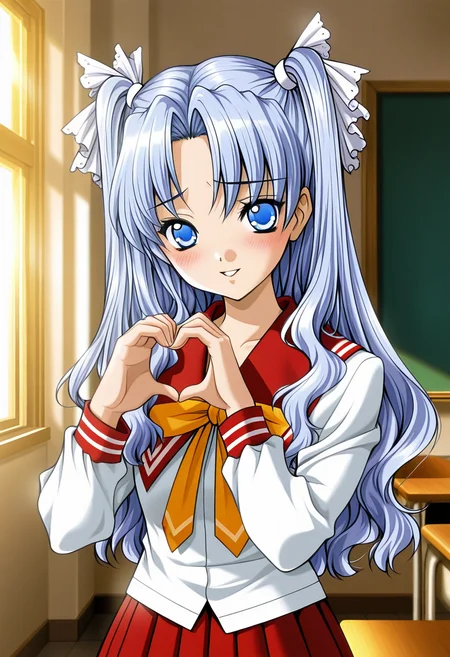 masterpiece, best quality, amazing quality, very aesthetic, absurdres, official art, ultra detailed,
1girl, solo, kub0_shouk0, blue eyes, blue hair, long hair, two side up, wavy hair, white hair ribbon BREAK school uniform, serafuku, red sailor collar, pleated skirt, bow,
blush, shy smile, parted lips, looking at viewer, standing, pinup, heart hands, in classroom, upper body, sharp focus, depth of field, highly detailed <lora:kubo shouko v1.0-000015:1>