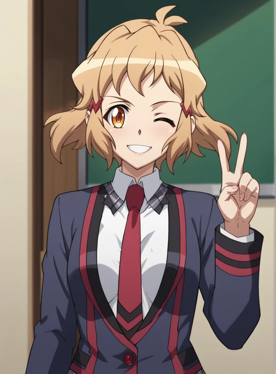 score_9, score_8_up, score_7_up, score_6_up, score_5_up, score_4_up, BREAK source_anime, masterpiece , anime screencap, anime_lineart anime coloring, solo <lora:TachibanaHibiki-000004:0.8>tachibana hibiki (symphogear), school uniform, white shirt, red necktie,, open jacket, smile,v,blazer upper body, wink