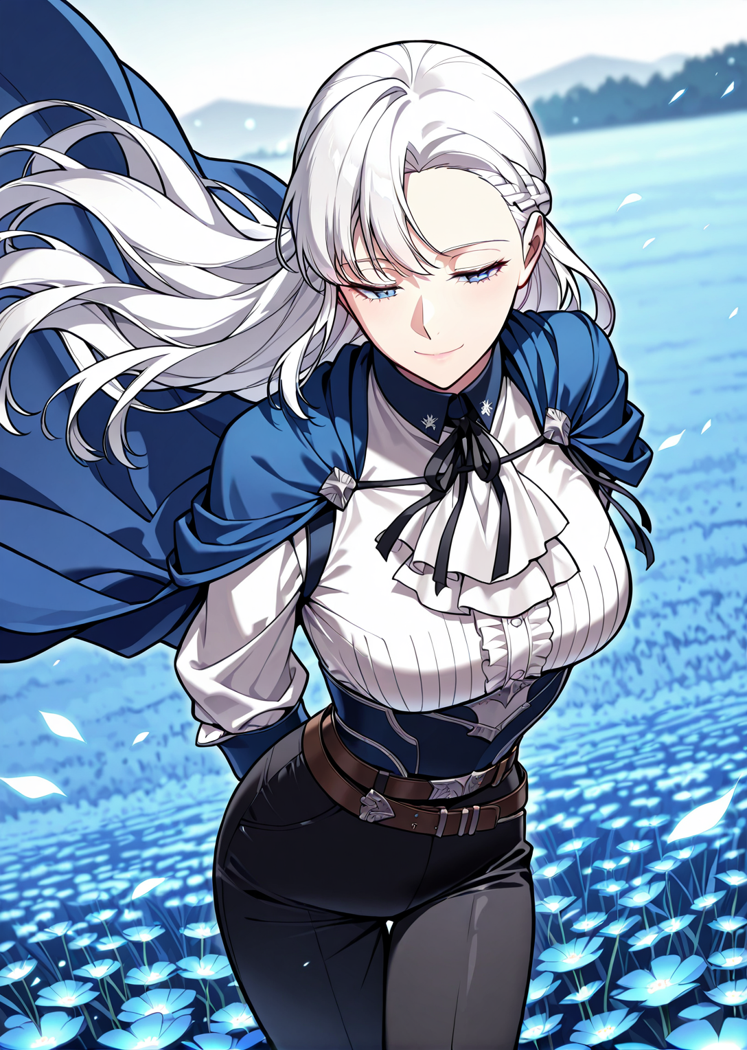 <lora:Artemis__The_Return_of_the_Disaster-Class_Hero__Illustrious:1>
1 girl, solo, blue eyes, long hair, white hair, breaid, french braid
belt, black pants, white shirt, blue cape
score_9, score_8_up, score_7_up, very aesthetic, source_anime, detailed, high quality, beautiful, masterpiece, detailed eyes, field, blurry background, pose dynamic angle, upper body, cowboy shot, light smile, floating hair, half-closed eyes, hands behind back, leaning forward, looking forward, looking at viewer