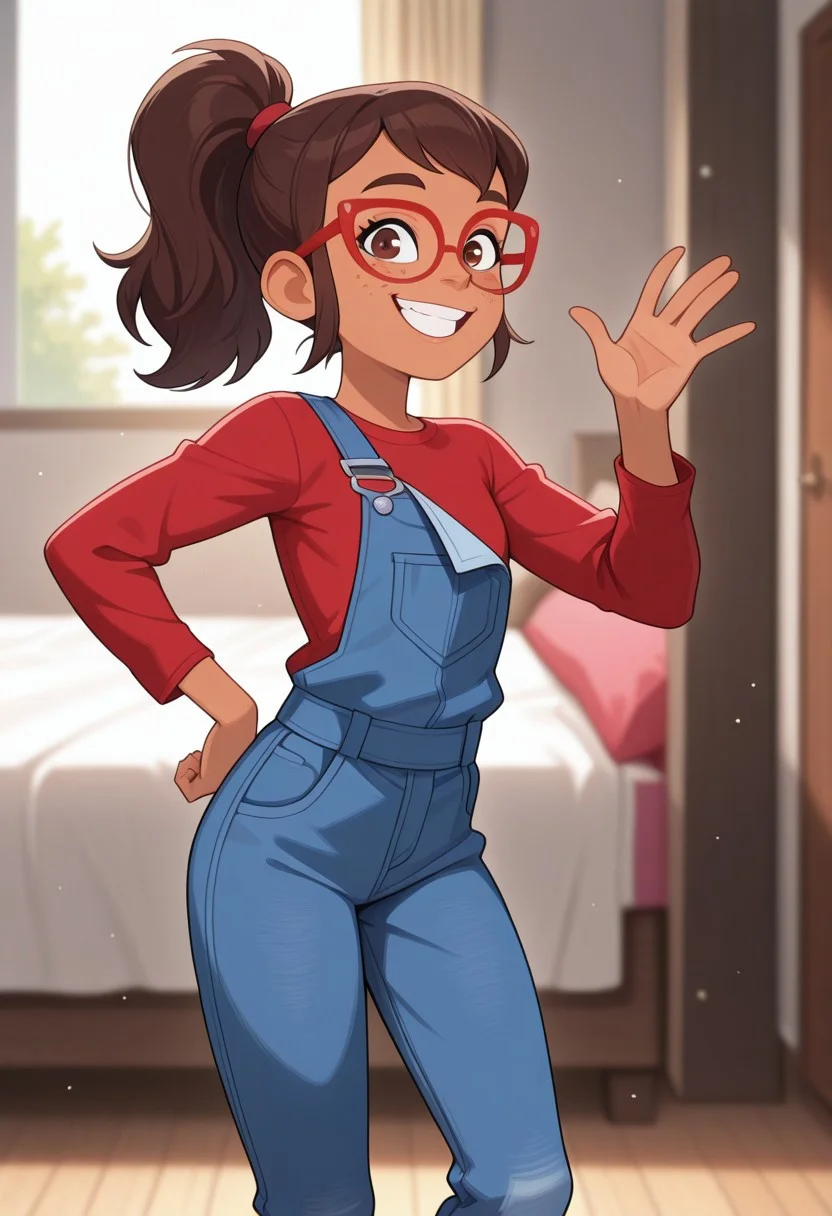 score_9,score_8_up,score_7_up,score_6_up, masterpiece, best quality, very aesthetic, 2d, ((thin lines)),
volumetric lighting, light particles, depth of field,
detailed background, indoors, bedroom, day,
BREAK
1girl, (female focus), solo, female, Perfect Body, (Perfect Anatomy), Hailey banks, tan skin, freckles, brown eyes, brown hair, ponytail, red glasses,
happy, smile,
Blue overalls, One shoulder strap, (red and white shirt), long sleeves,
standing, waving, hand on hips, smiling, dynamic pose, wide stance, looking at viewer