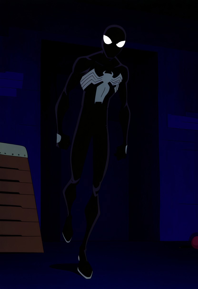 anime screencap, anime coloring, masterpiece, best quality, amazing quality, absurdres, wide shot, full body shot, male focus, 1boy, solo, black bodysuit, mask, superhero, muscular, white eyes, indoors, industrial, gym_storeroom, dark_theme