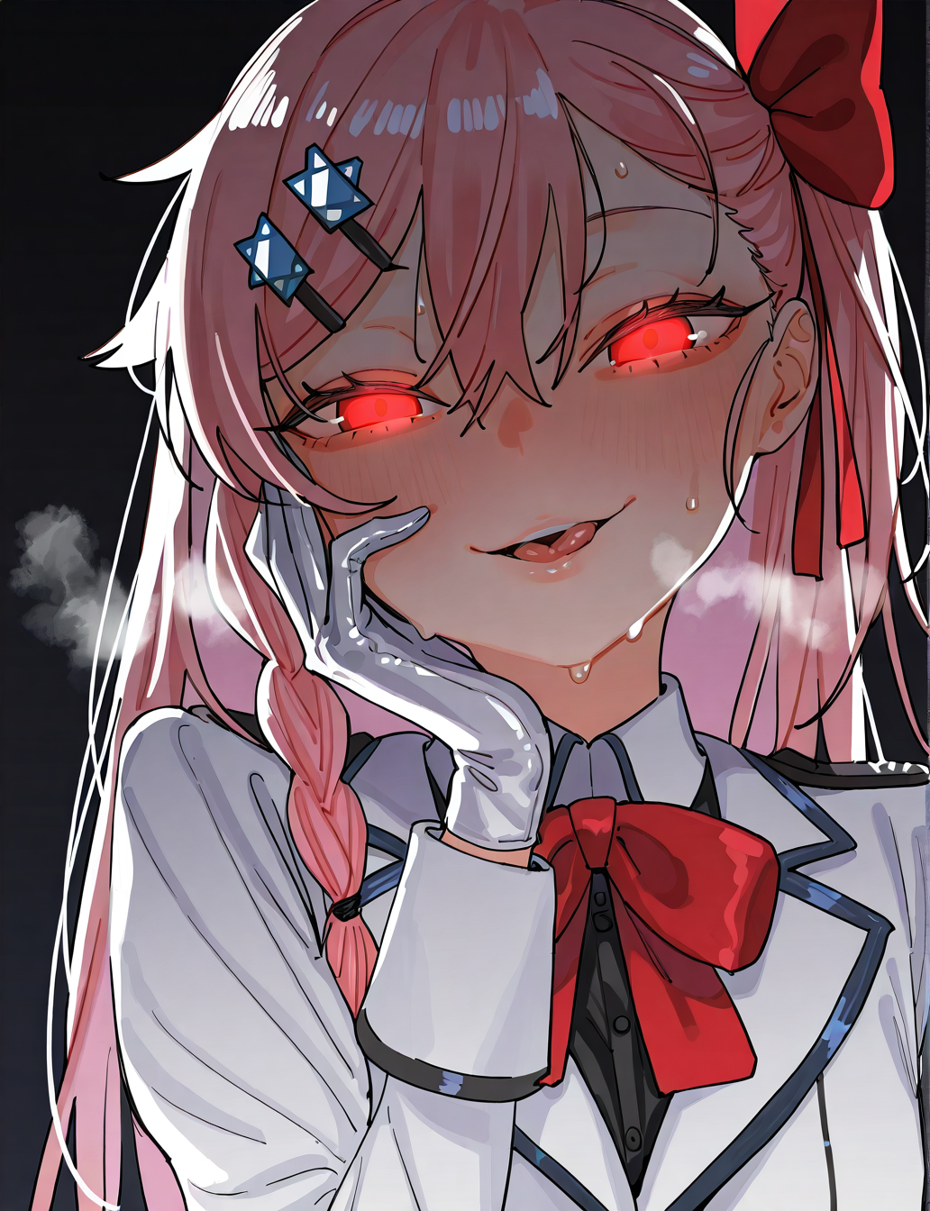 shiny skin, posing, 
<lora:beijuu.il:1>,
beijuu,
negev_(girls'_frontline),
safe, general, 
half-closed eyes, looking at viewer, smug, glowing eyes, 
dark, black background, sweat, steam, heavy breathing, tongue, parted lips, hairpin, hand to cheek, white latex gloves,