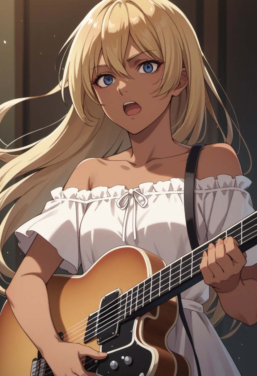 score_9, score_8_up, score_7_up, source_anime, bertrand, long hair, dark skin, dark-skinned female, blonde hair, blue eyes, 1girl, solo, instrument, guitar, plectrum, off shoulder, holding, bare shoulders, collarbone, open mouth,  short sleeves